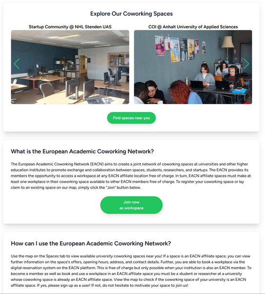 Group photos of the coworking seminars Screenshot der Startseite des European Academic Coworking Network (EACN)