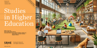 Das Bild zeigt das Cover der Fachzeitschrift Studies in Higher Education neben einem archetypischen Coworking Space an Universitäten