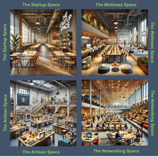 The image shows AI-generated representations of four typical coworking spaces for students